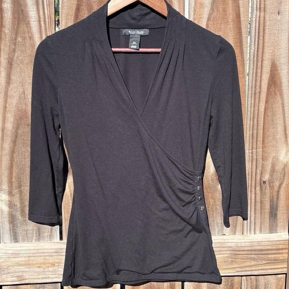 White House‎ Black Market Women's black low cut faux-wrap top XS